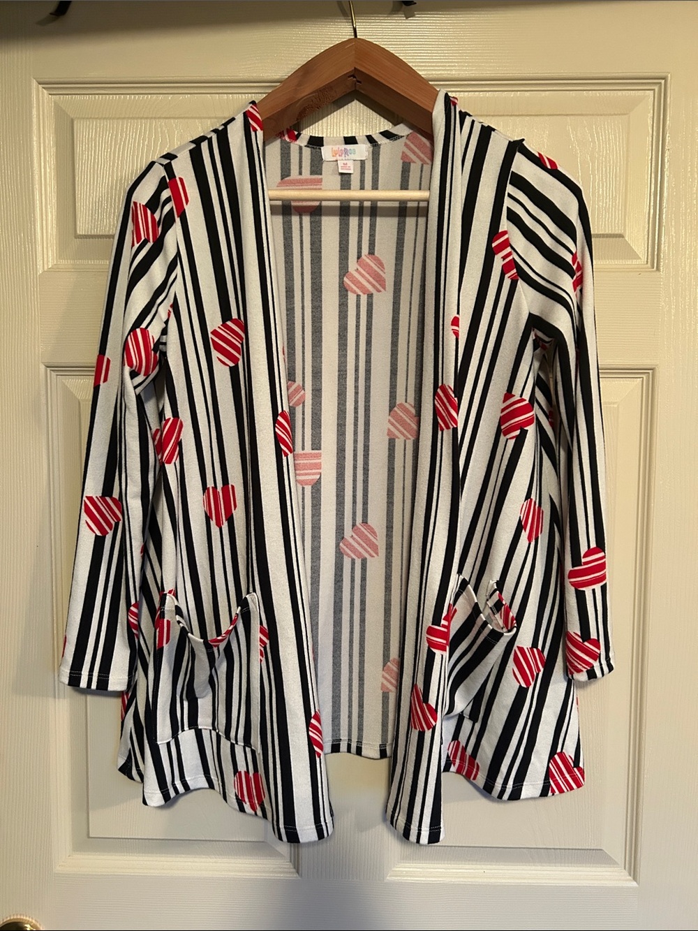LuLaRoe Black & White Striped Open Cardigan with Red Heart Motif